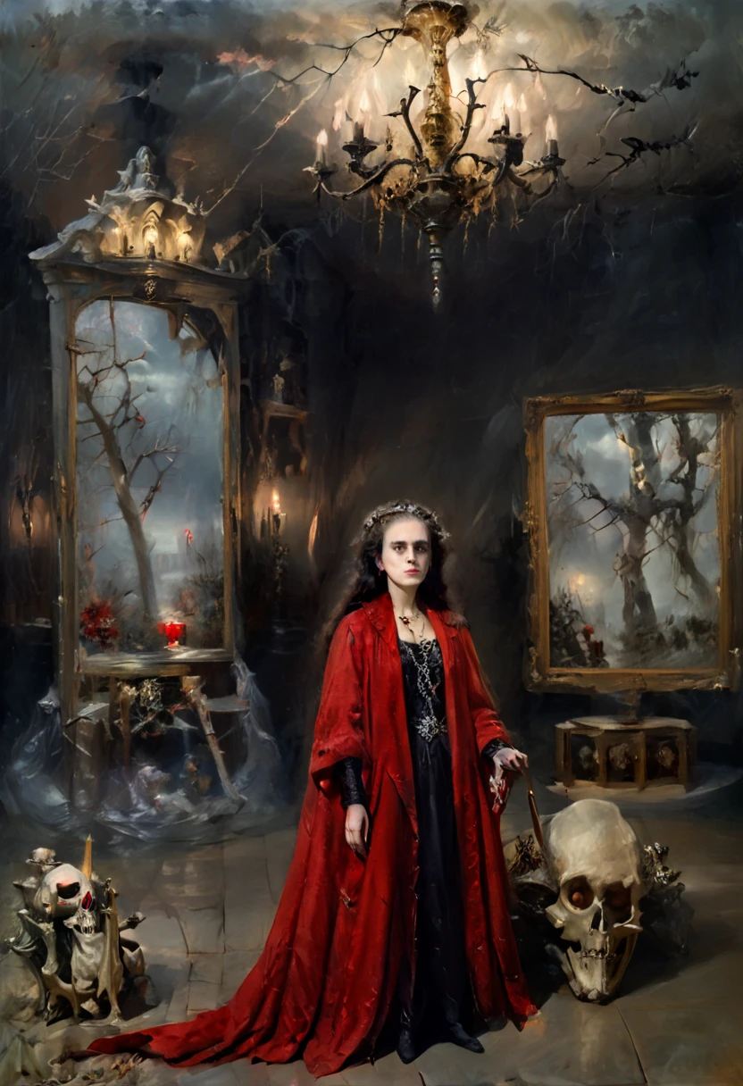 ( better quality , 4k, 8K, highres,  masterpiece :1.2),  ultra detailed , ( realistic , photo realistic , photo- realistic :1.37)  Skeletal  girl ,  dirty robe clothing , chandelier,  Goya style painting ,  light-dark lighting , Ruins, fog, Bones, officer,  creature Leonora Carrington.  faded dry trees , MYSTERIOUS RED BOX .