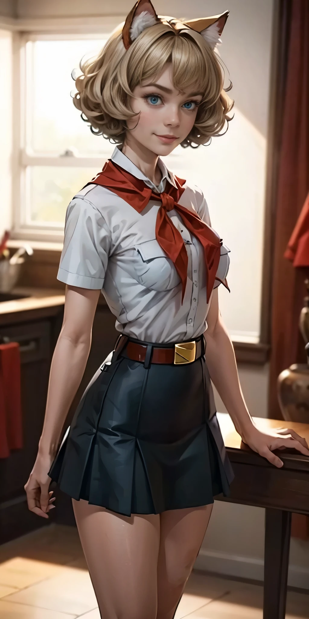 very young slim fit girl, full height, rounded face, (short curly disheveled blond hair:1.4), big blue eyes, shy smile, perfect medium breast, band on head with fake cat ears, monroe, pioneer neckerchief, short tight blue pleated skirt, bangs, tight white shirt, short sleeves, collared shirt, belt, (red neckerchief:1.3), breast pocket, solo, shy smile, Standing at attention, dynamic pose, clear light skin, 8k wallpaper, perfect lighting, masterpiece, lens flare, vibrant color