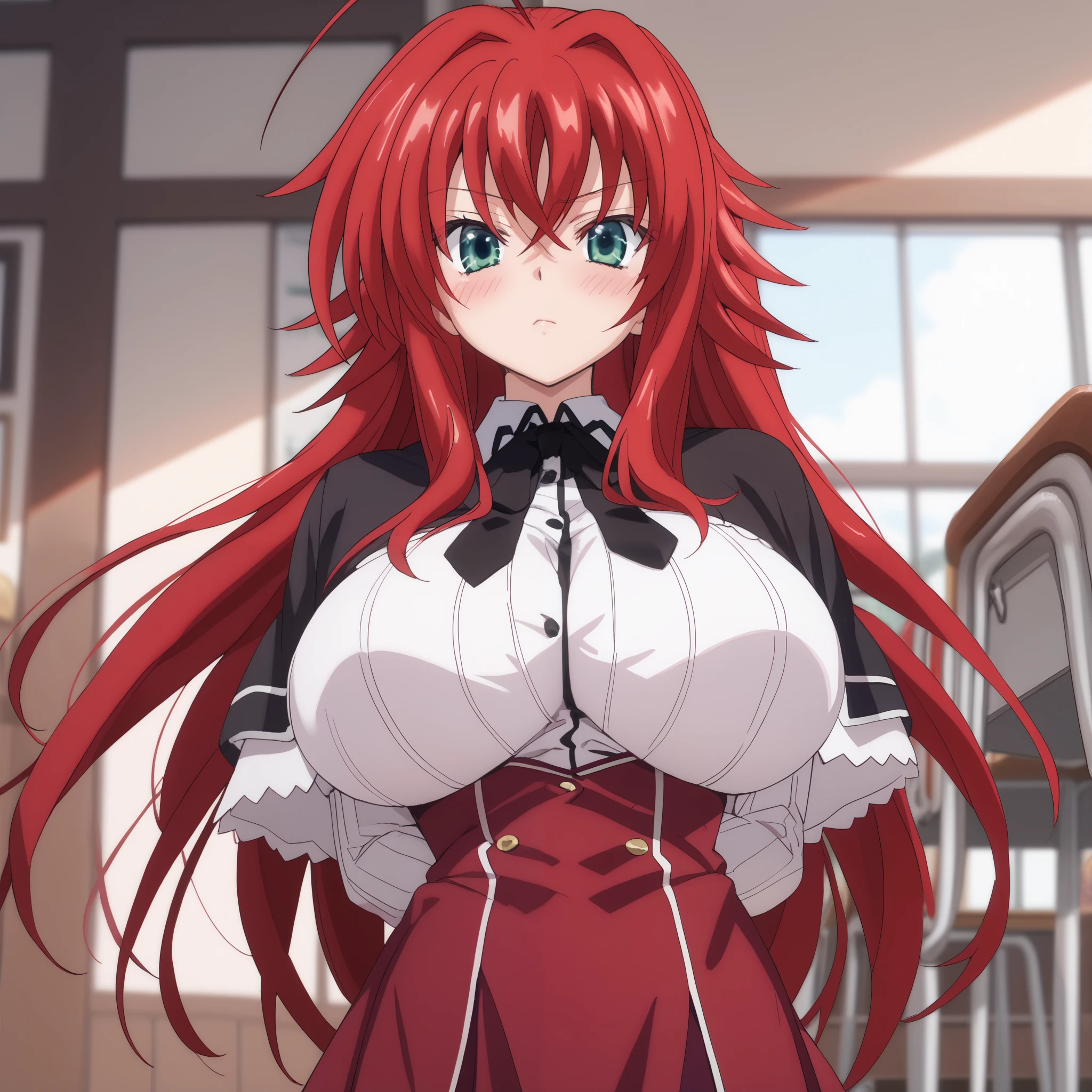 shirt, ribbon, school uniform, white shirt, black ribbon, neck ribbon, capelet, black capelet, long sleeves, skirt, red skirt, (arms behind back:1.4), breast, (huge breast:1.0), (blush), 8k masterpiece, (1girl, solo), rias gremory, huge ahoge, long hair, hair between eyes, green eyes, red hair,