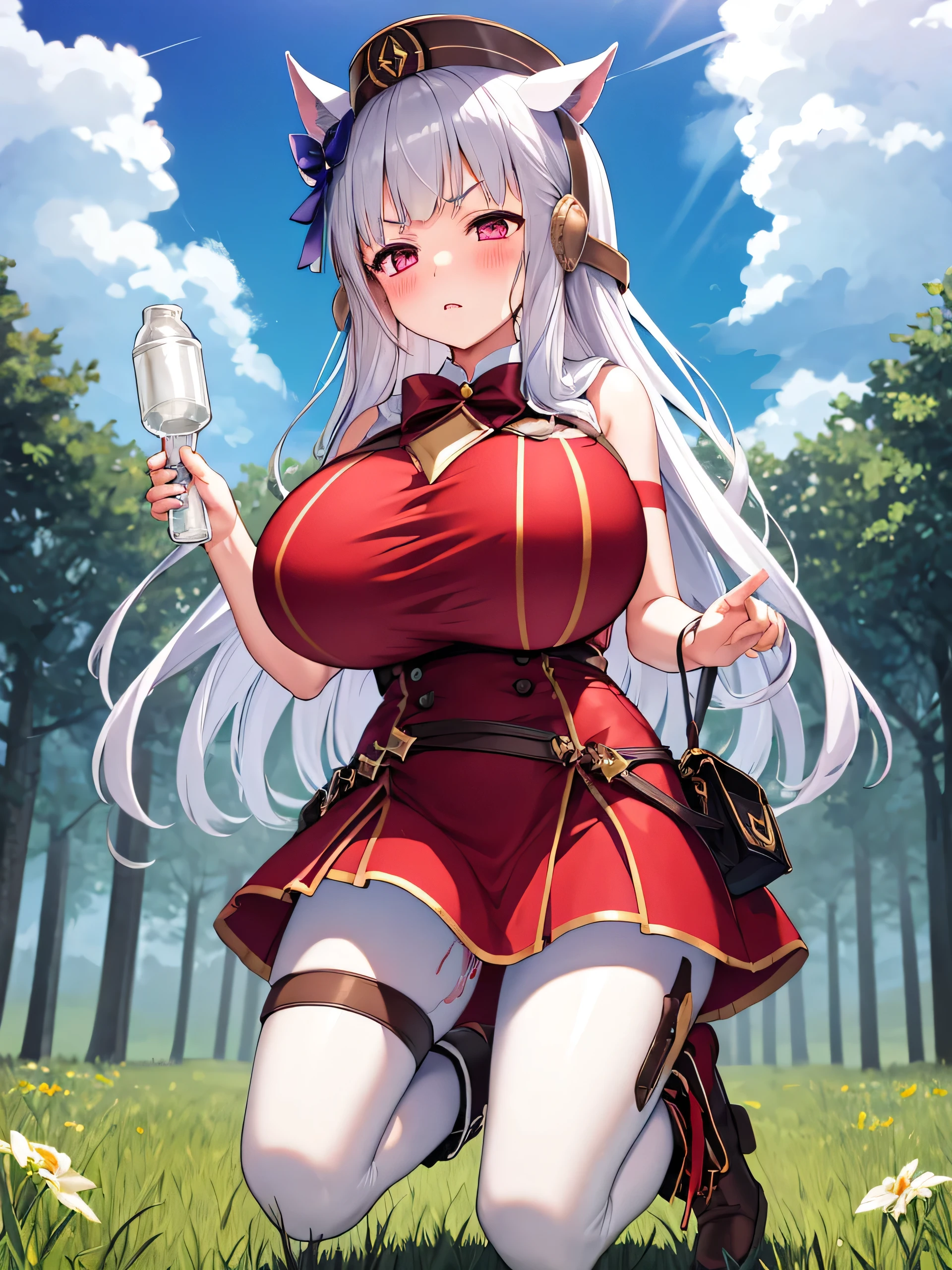 blue sky、grassland、nature、 ( top quality:1.2), Alone,  1 girl, umpd gold ship,[Hat type, V-shaped eyebrows,  Red Dress , bow,  sleeveless,  white pantyhose ,  boots,  、 ergarther、、、 s、 sの小さな体、( huge breasts:1.6)、blush、 embarrassed expression、Love juice、 and putting up with only 、 underwear can be seen through、 clothes are transparent 、Clothes get wet、 bend your knees 、From below、My crotch gets wet、 transparent nipples、 pussy、 lace underwear 、heart、Sigh、 open legs