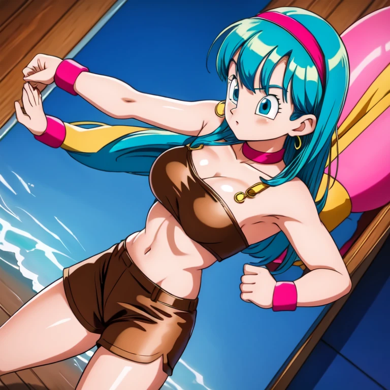 Bulma,( dragon ball\),  long hair, one side up, outskirts_Cut,  aquatic hair , blue eyes wristwatch, Pink tube top, neckline,    bare shoulders , strapless,    hair ties   , wristband,   brown shorts , clavicle,    inner room   ,  Curvaceous young woman  ,   big breasts and big butt  ,   poses with arms raised at the sides, making a fist  ,    showing her armpits