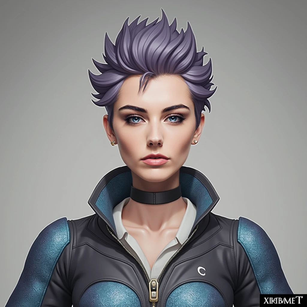 girl in sci-fi suit, purple short hair, body side on view, back lighting, realistic