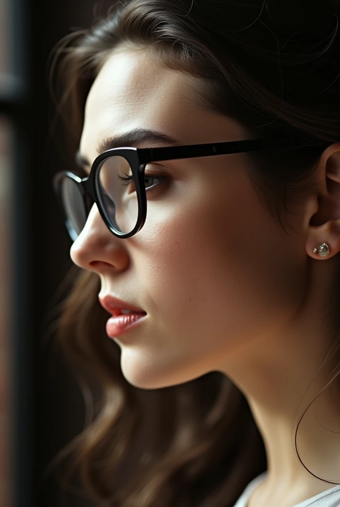 A vivid close-up of Jennifer Connelly, beautiful profile from her side, wear glasses , elegantly arched nose, eyes closed, mouth opened,