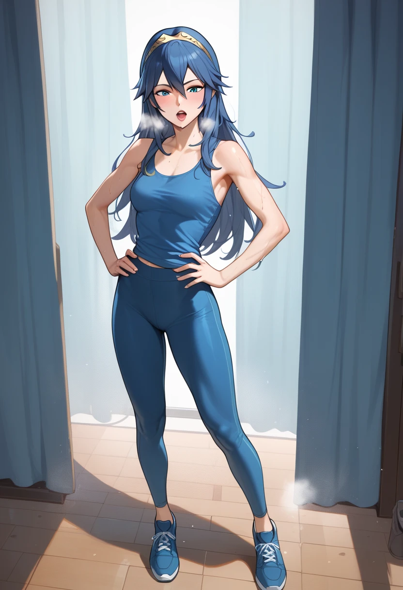 Lucina fe, blue hair,  Blue Eyes, Lucina, dark blue tanktop, blue yoga pants, blue shoes, hands on hips, open mouth, out of breath, sweaty, sexy, exhuasted, steam coming out of her mouth, half body, standing