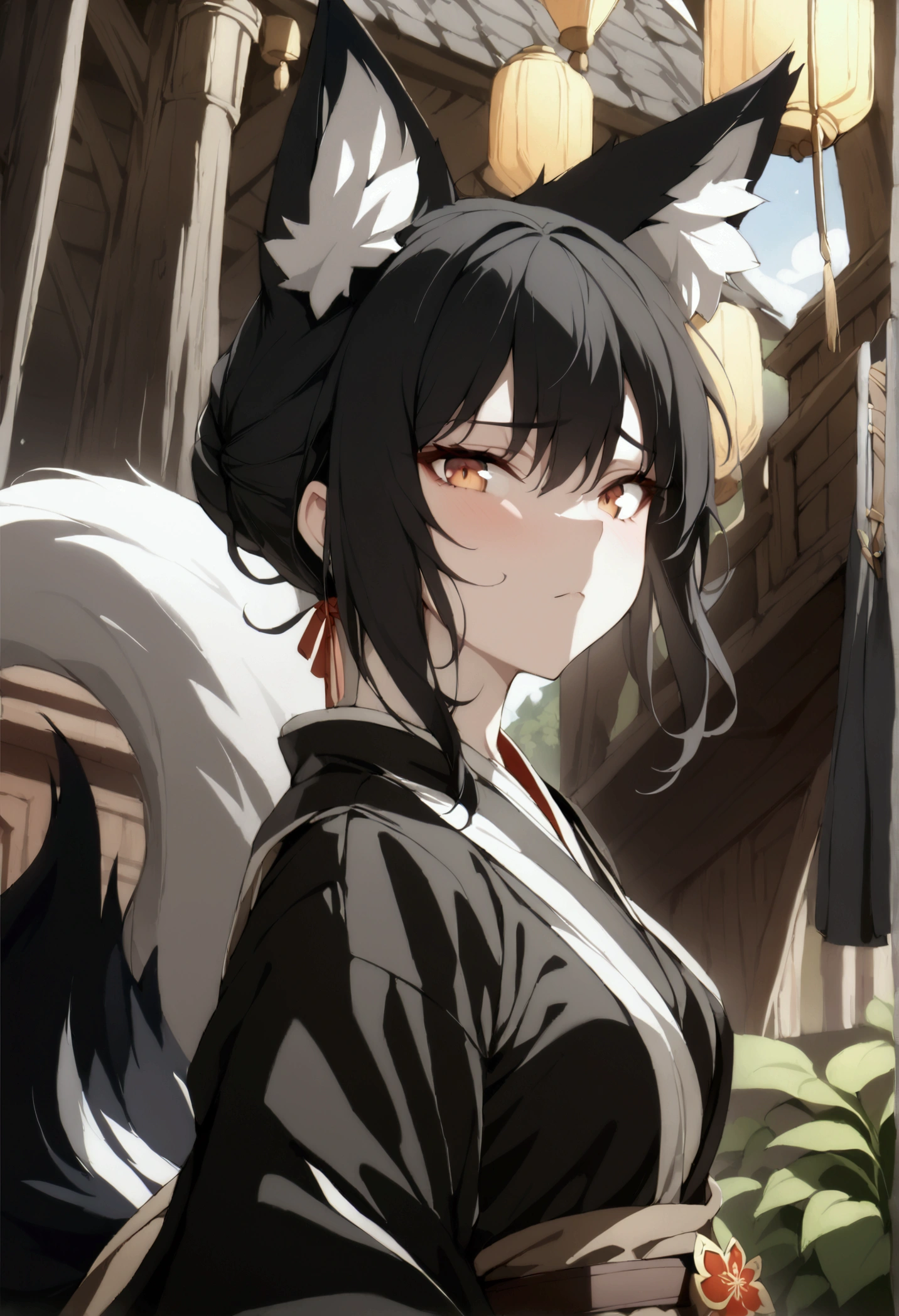 (1girl, Masterpiece, best quality, beautiful) A fox-woman, short black hair, (black fox ears with white fur), neutral face expression, medieval-style ((black very heavy bulky clothing robes multi-layered robes)) beautiful amber eyes, brown belt around her waist, black pants, standing pose, (black fox tail)
