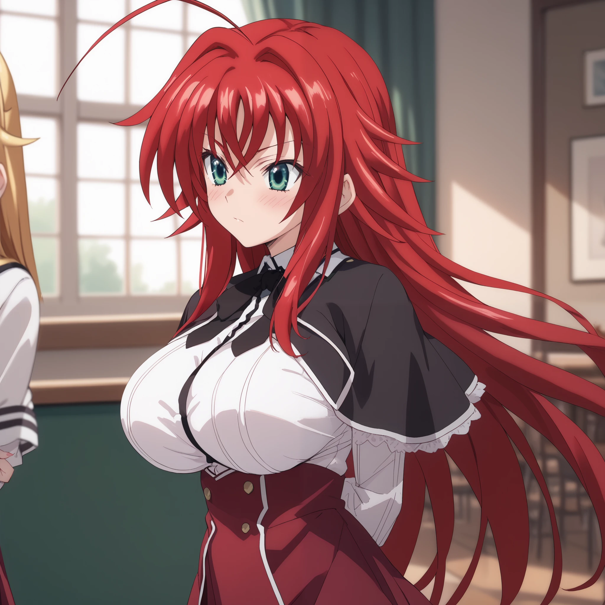 shirt, ribbon, school uniform, white shirt, black ribbon, neck ribbon, capelet, black capelet, long sleeves, skirt, red skirt, (arms behind back:1.4), breast, (huge breast:1.0), (blush), 8k masterpiece, (1girl, solo), rias gremory, huge ahoge, long hair, hair between eyes, green eyes, red hair,