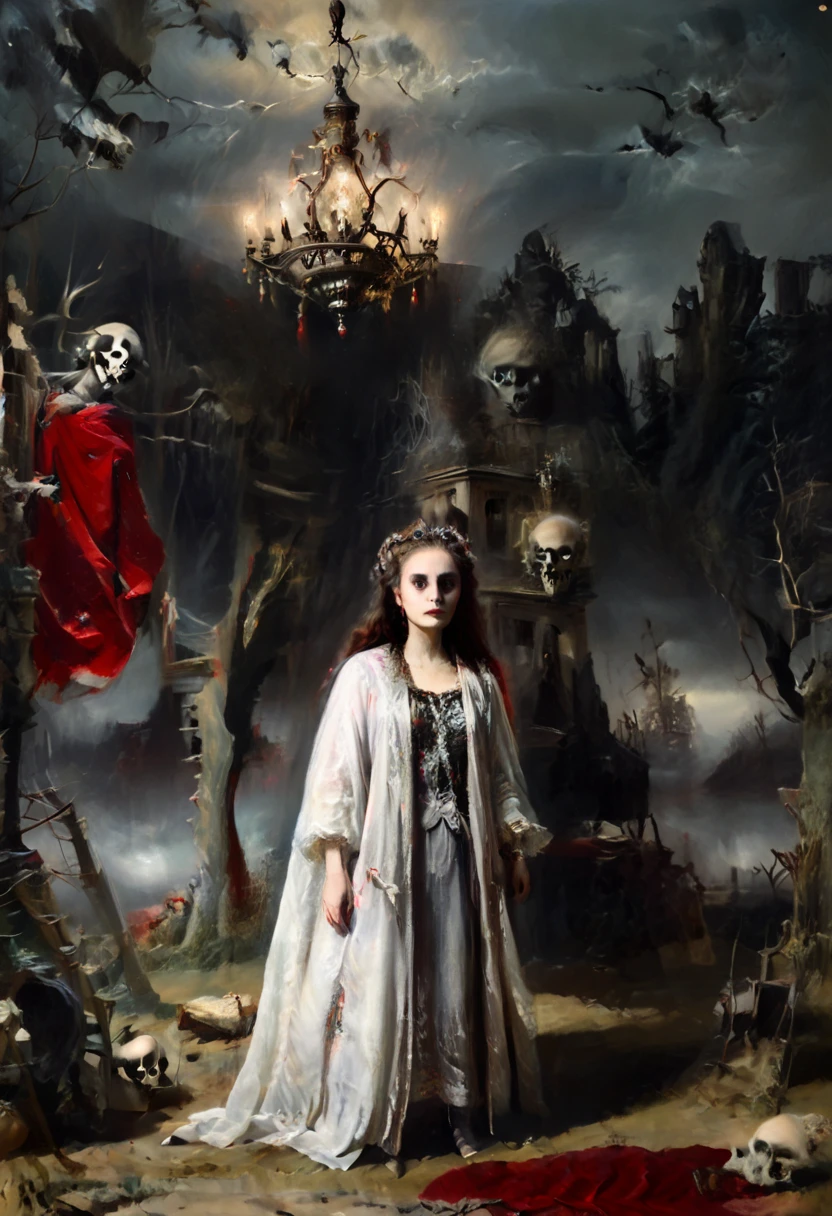 ( better quality , 4k, 8K, highres,  masterpiece :1.2),  ultra detailed , ( realistic , photo realistic , photo- realistic :1.37)  Skeletal  girl ,  dirty robe clothing , chandelier,  Goya style painting ,  light-dark lighting , Ruins, fog, Bones, officer,  creature Leonora Carrington.  faded dry trees , MYSTERIOUS RED BOX .