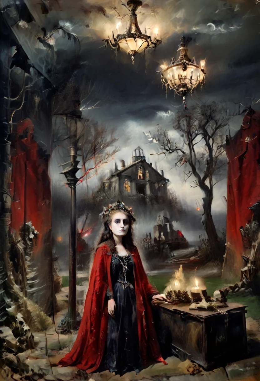 ( better quality , 4k, 8K, highres,  masterpiece :1.2),  ultra detailed , ( realistic , photo realistic , photo- realistic :1.37)  Skeletal  girl ,  dirty robe clothing , chandelier,  Goya style painting ,  light-dark lighting , Ruins, fog, Bones, officer,  creature Leonora Carrington.  faded dry trees , MYSTERIOUS RED BOX .