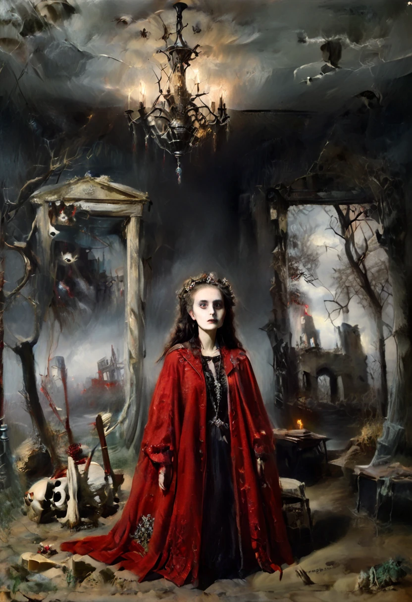 ( better quality , 4k, 8K, highres,  masterpiece :1.2),  ultra detailed , ( realistic , photo realistic , photo- realistic :1.37)  Skeletal  girl ,  dirty robe clothing , chandelier,  Goya style painting ,  light-dark lighting , Ruins, fog, Bones, officer,  creature Leonora Carrington.  faded dry trees , MYSTERIOUS RED BOX .