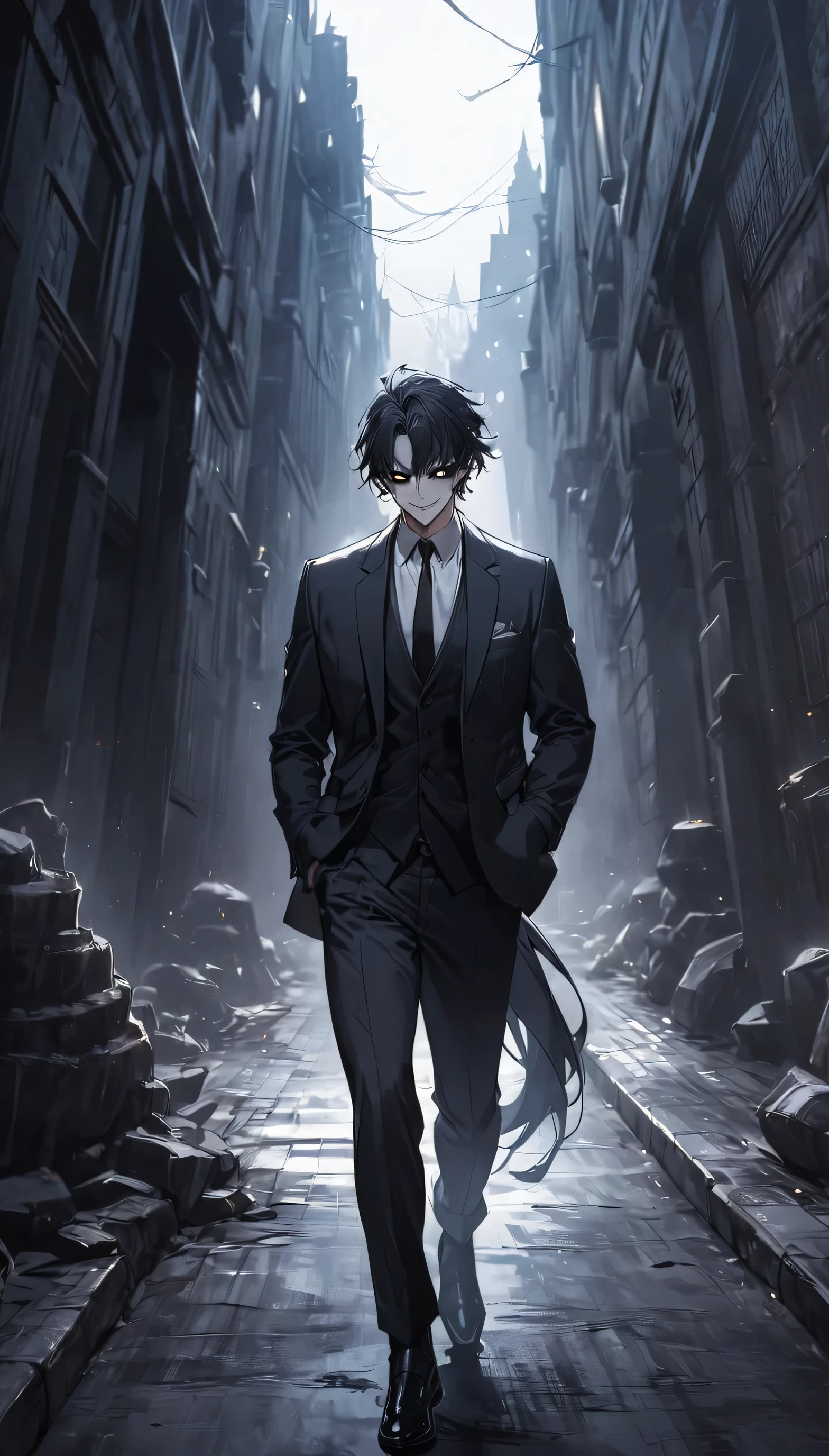 1MEN, PONYTAIL HAIR, FULL MAT BLACK SUIT, FULL BLACK EYES,, DARK AURA, WHITE BACKGROUND, DARK THEME, STANDING, HANDS ON POCKET, SMIRK EXPRESSION, (Dark Aura), FANTASY, ANIME, MOVIE STYLE, CINEMATIC, (Black_Sclera_Eyes_V2), walking in street,