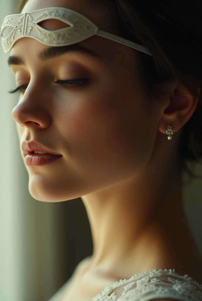 A vivid close-up of Jennifer Connelly, beautiful profile from her side, wear eye mask , elegantly arched nose, eyes closed, mouth opened,