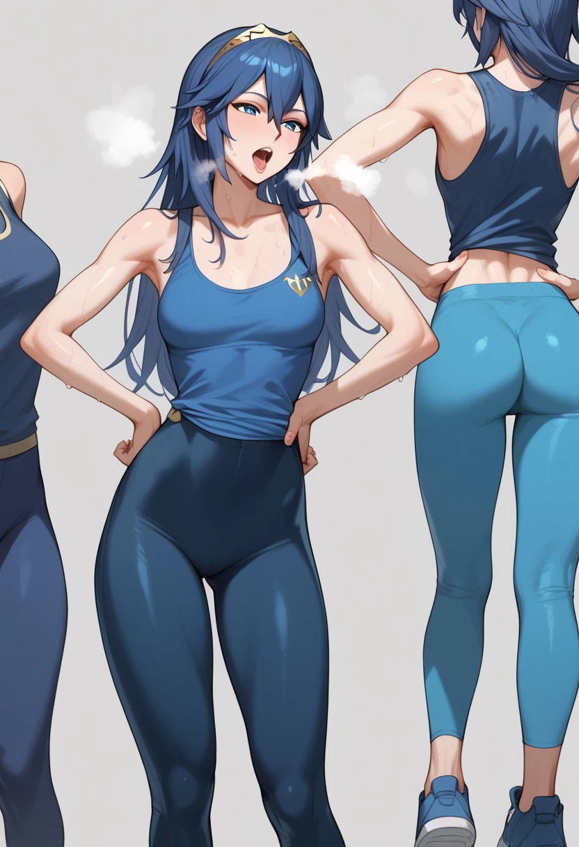 Lucina fe, blue hair,  Blue Eyes, Lucina, dark blue tanktop, blue yoga pants, blue shoes, hands on hips, open mouth, out of breath, sweaty, sexy, exhuasted, steam coming out of her mouth, half body, standing, half body