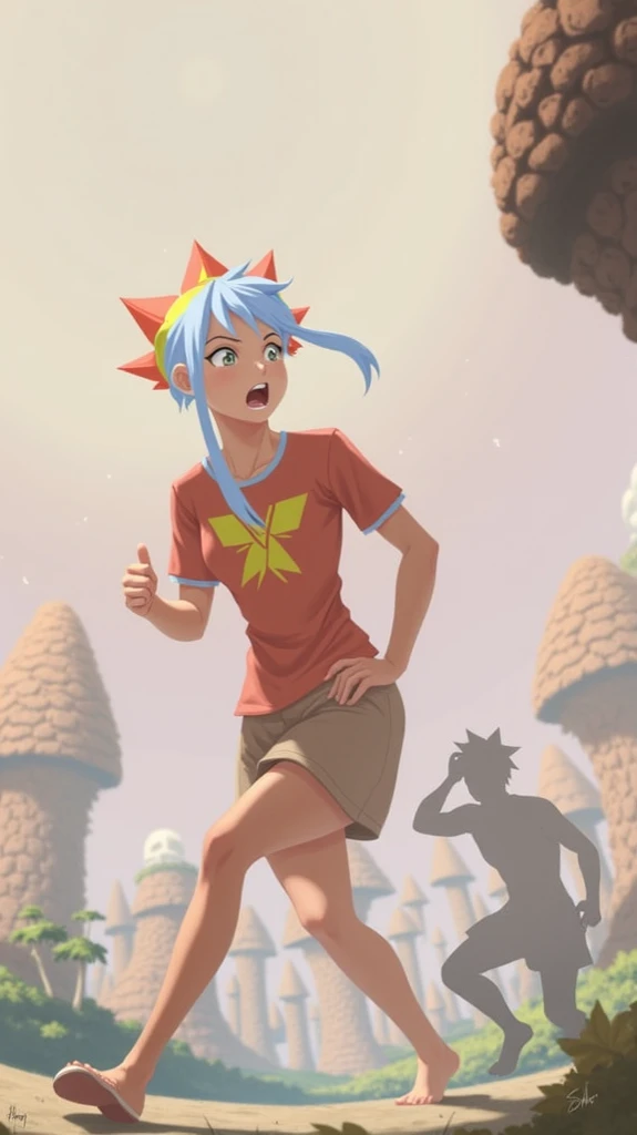 a cartoon drawing of a girl in front of a city in a bikini, pansto art style,