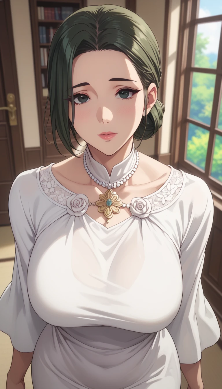 (masterpiece, best_quality:1.2), 1girl, solo, mature female, dark-green hair, low bun, (long white dress that covers theTight fitting whole body's skin, the material of the dress can pass through the light. There is a large hood on the head that covers the head，face and arms. There is a lovely ghost expression on the hood. Two curved black eyes and lovely), beautiful eyes, female focus, looking at viewer, large breast, wide hips, ((above view)) ((close up shot)) ((solo)) detailed, very high resolution, no blurry image, standing, beautiful, elegant, serene expression, intricate details, detailed background, indoors:1.3