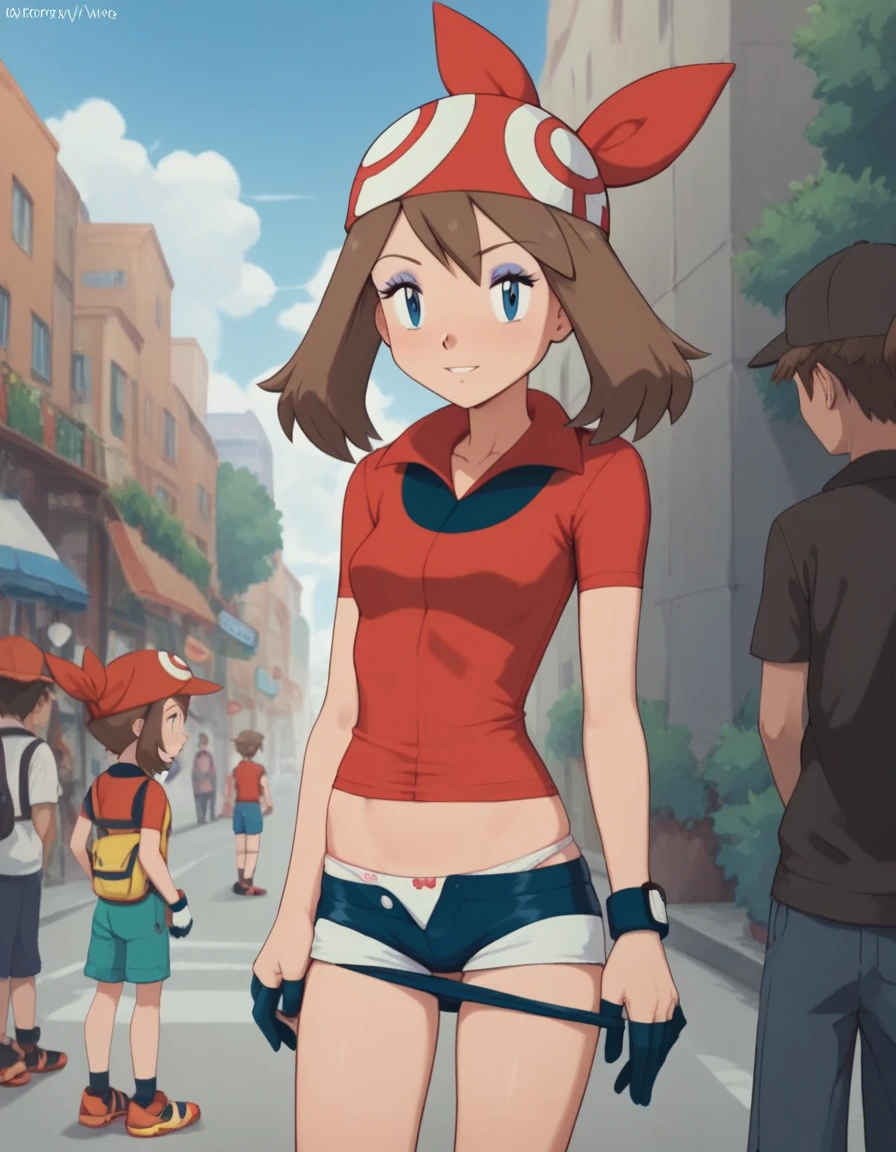 ((sexy girl ,young)) ,nsfw, glamorous, slender, may, pokemon trainer, young girl, prostitute, slutty, prostitute outfit, makeup, eyeshadow, city, shorts down, soft public hair, shorts down, panties down