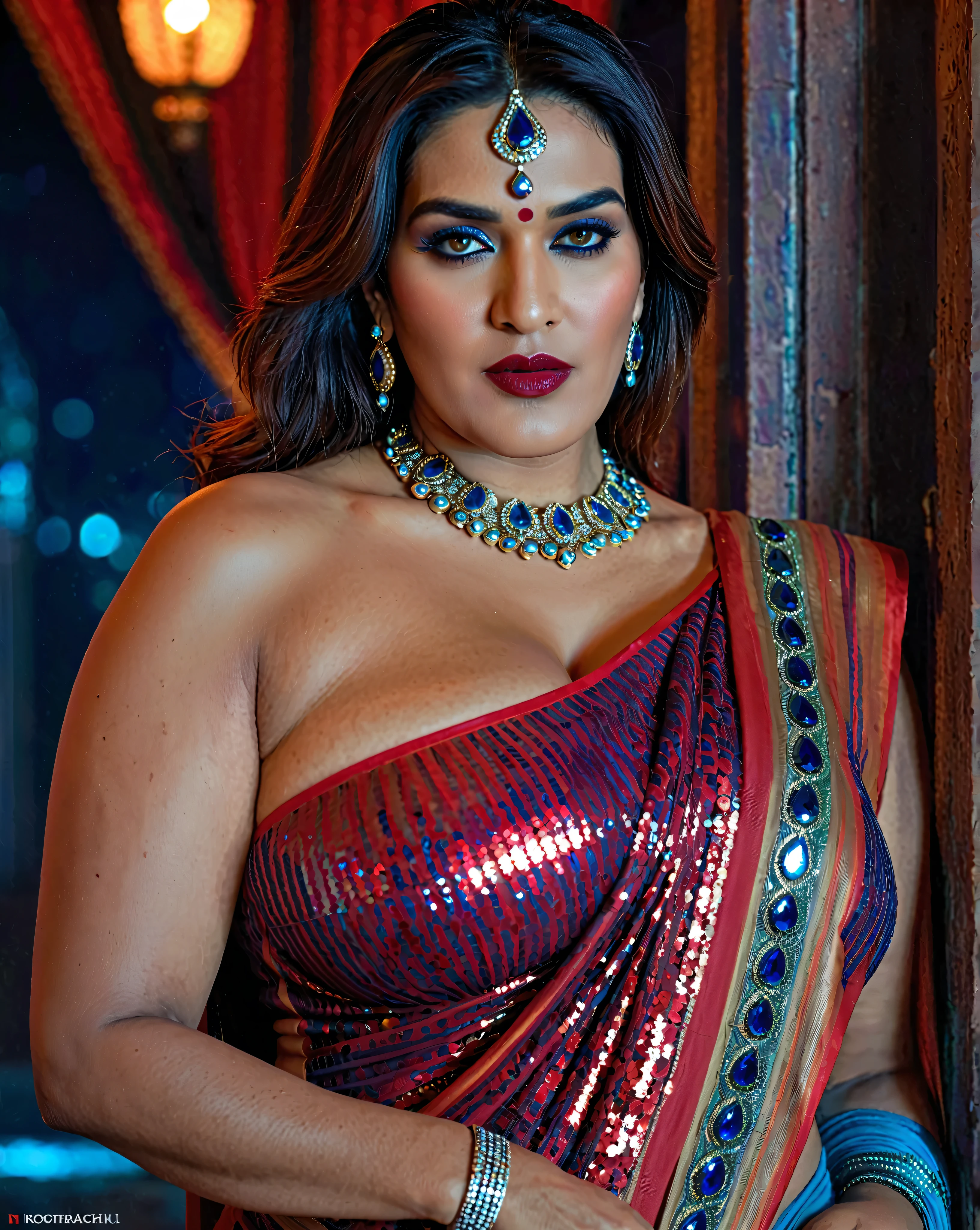 Looks like Kriti Sanon, full body Closeup shot, Big chubby aunty, milf, demoness mommy, mother of demons, heavy figure Indian aunty, huge figure, huge massive breast, cougar lady witch, horny Gothic milf, 70 years old gorgeous mature lady, pervert demoness, demoness of lust, curvy, black lips, horny face, extremely gorgeous, thick figure, heavy physique, voluptuous, curvy, sexy figure, Fashionable portrait of androgynous alien looking witch, glowing eyes, futuristic design, minimal details, givenchy, photoreal, 200mm, hd, f/ 2.0, highly detailed, surreal, sexy beautiful evil woman, sexy bold sequin Saree with strapless Bra, chudail, Pishachini, horror genre, blood-thirsty enchantress, powerful female spirit, eerie, drop dead, in the style of red and blue, (intricate details, hyperdetailed:1.15) (skin texture:1.2), dark Moody tone, cinematic lighting, haunted place in background,