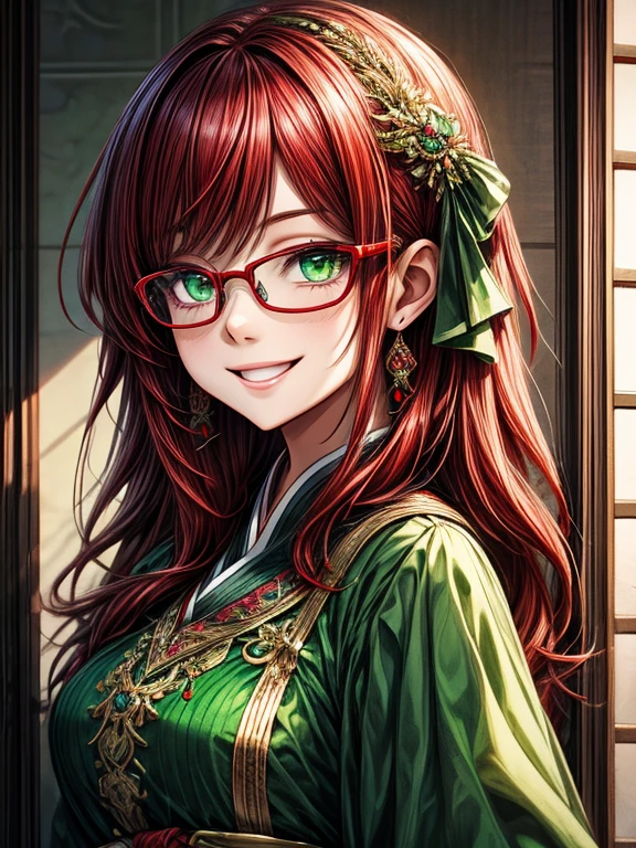 Short,  red hair ,  green eyes ,  metal-framed glasses , green , oriental dress with ornaments,  smiling girl.