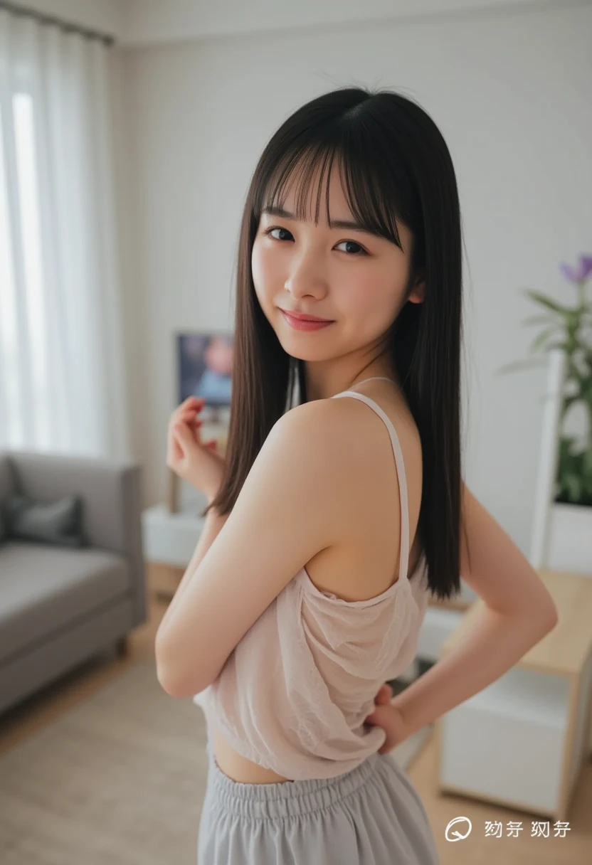 "smile"、 Thin, nice-bodied woman , Sexy pose in a transparent camisole in the living room.