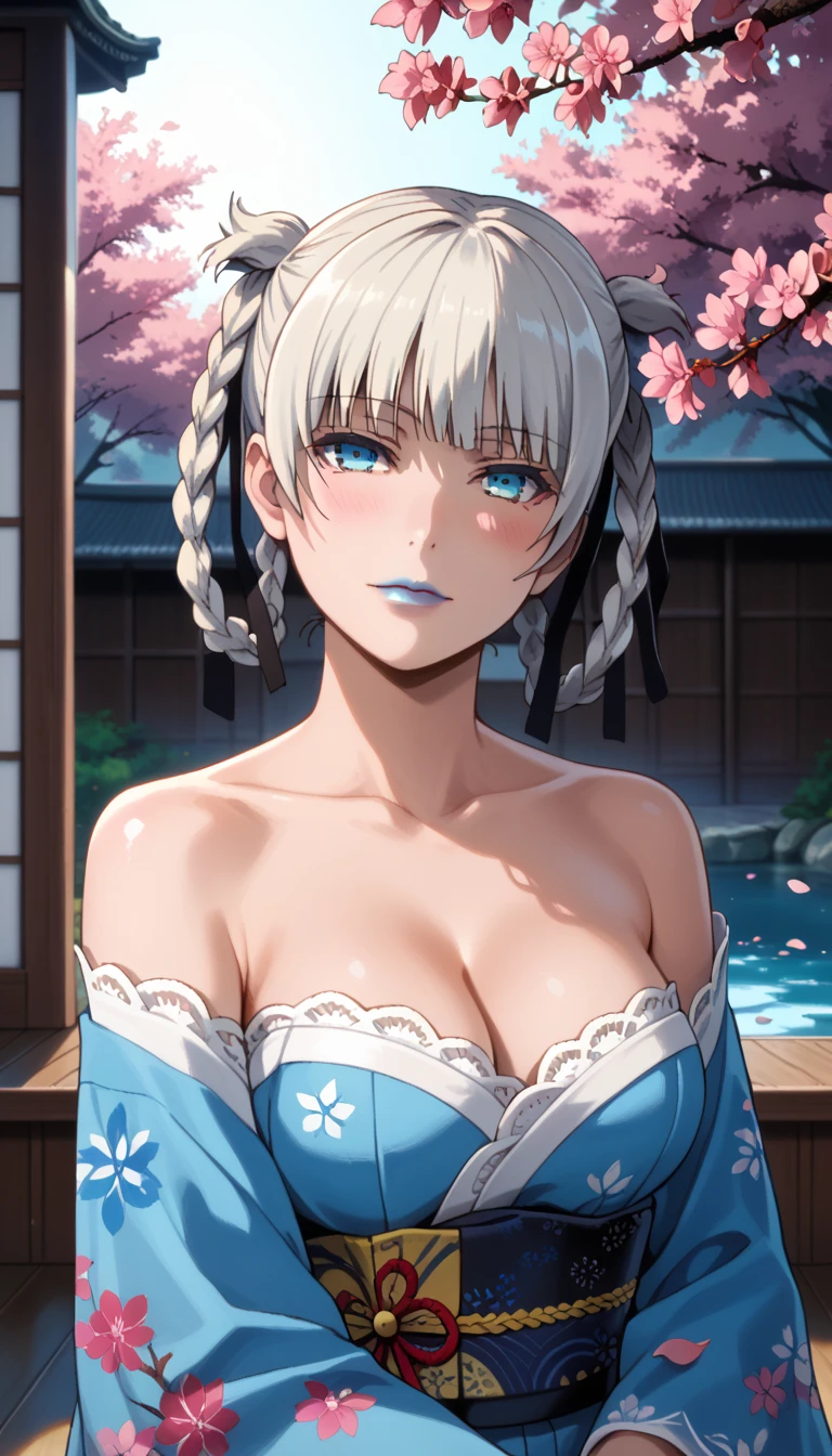 Score_9, score_8_up, score_7_up, score_6_up, source_anime, rating:general, 1girl, kirari momobami, white hair, braided hair, upper body, sultry look, head tilt, blush, pale white skin, strapless sexy kimono, blue floral kimono, lace trim, blue eyes, blue lipstick, colored contacts, doll face, medium sized breasts, cleavage, exposed shoulders, traditional Japanese garden, cherry blossoms, cherry blossom petals, solo, 8k quality, vivid colors, perfect lighting, perfect shadowing, god rays, perfect positioning 