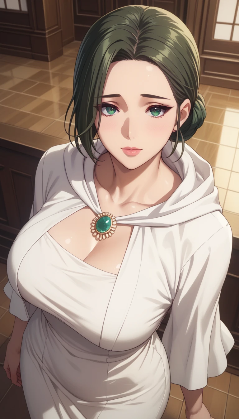 (masterpiece, best_quality:1.2), 1girl, solo, mature female, dark-green hair, low bun, (long white dress, hood on the head), beautiful eyes, female focus, looking at viewer, large breast, wide hips, ((above view)) ((close up shot)) ((solo)) detailed, very high resolution, no blurry image, standing, beautiful, elegant, serene expression, intricate details, detailed background, indoors:1.3