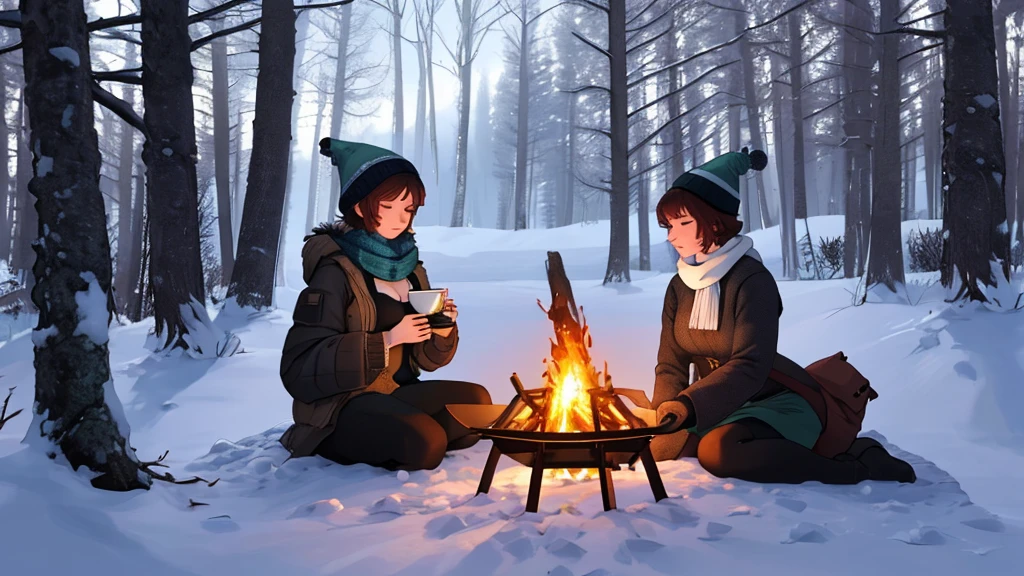 "A tranquil winter camping scene featuring A Young girl short auburn hair with big breasts wearing a lush green tank top and black legging fit seated near a glowing campfire in a snowy forest. She is holding a steaming cup of tea, wearing cozy winter clothes like a knitted hat, scarf, and jacket. A tent is visible in the background, and the snow-covered trees create a peaceful and magical atmosphere. The fire casts a warm glow, contrasting beautifully with the icy blues of the snow. The setting captures a moment of calm, solitude, and connection with nature."