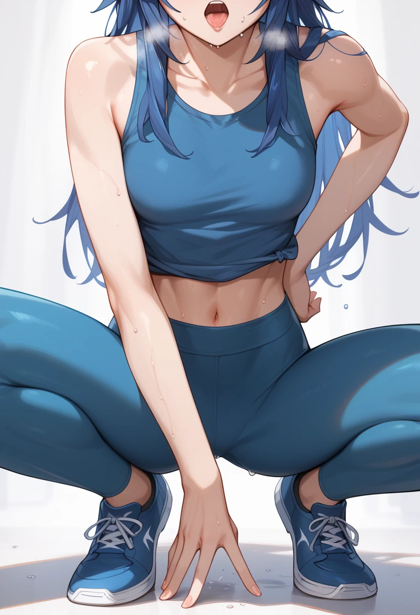 Lucina fe, blue hair,  Blue Eyes, Lucina, dark blue tanktop, blue yoga pants, blue shoes, hands on hips, open mouth, out of breath, sweaty, sexy, exhuasted, steam coming out of her mouth, half body, standing, sitting on the floor, close up shot