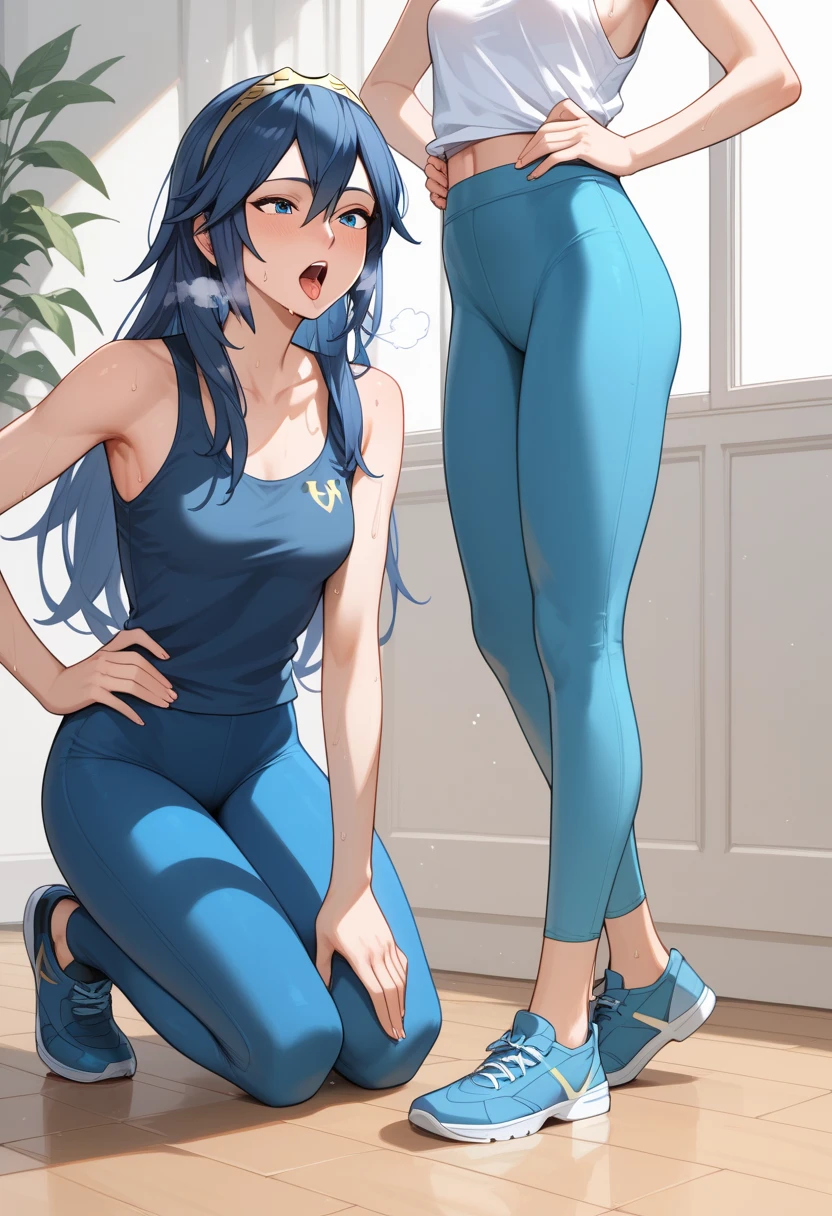 Lucina fe, blue hair,  Blue Eyes, Lucina, dark blue tanktop, blue yoga pants, blue shoes, hands on hips, open mouth, out of breath, sweaty, sexy, exhuasted, steam coming out of her mouth, half body, standing, sitting on the floor, close up shot