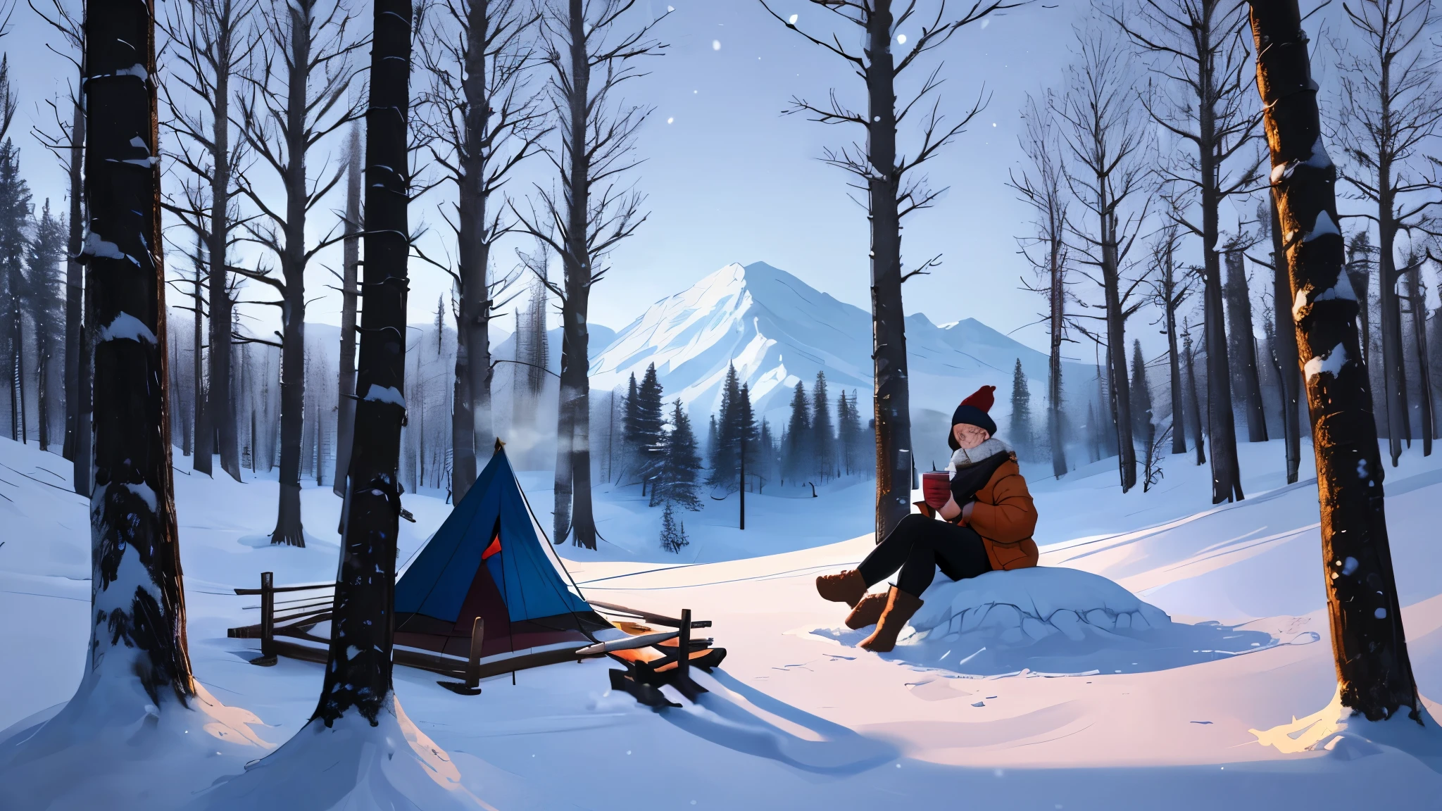 "A tranquil winter camping scene featuring A Young girl short auburn hair with big breasts wearing a lush green tank top and black legging fit seated near a glowing campfire in a snowy forest. She is holding a steaming cup of tea, wearing cozy winter clothes like a knitted hat, scarf, and jacket. A tent is visible in the background, and the snow-covered trees create a peaceful and magical atmosphere. The fire casts a warm glow, contrasting beautifully with the icy blues of the snow. The setting captures a moment of calm, solitude, and connection with nature."