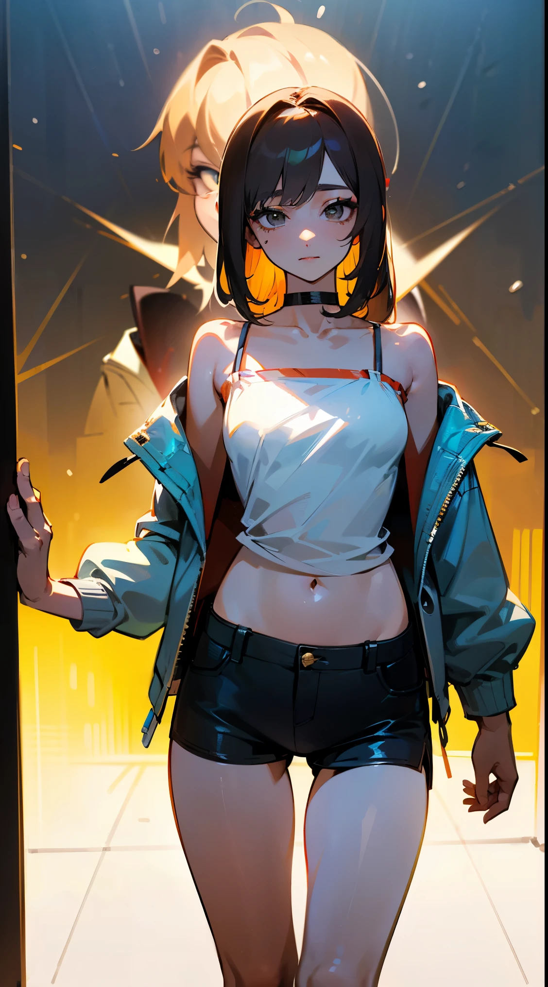 (geometric:1.1), ((1 anime girl, amazing, cute girl)), (Masterpiece, Best quality, Beautiful and aesthetic:1.2),((Ultra-high resolution, Golden ratio)), (Physically-based rendering), Sharp focus, (((high detail skin))), Intricately detailed clothing, Delicate pupils, Danfeng Eye,((((multicolor hair, cold detailed hair, long hair)))), Slender, geometric eyes :1.1, ((extremely_Detailed_eyes_and_face)), long eyelash, (masterpiece side lighting), (Dynamic configuration: 1.2), Perfect Anatomy, Eyeliner, nsfw, sharp eyes, choker, light smile, hair adornments, fit thighs, thigh gap, ((8k wallpaper of extremely detailed CG unit, masterpiece, hight resolution, top-quality)), ((Beautiful woman with dark hair, Model-like posture, Street fashion, Wearing a white camisole:1.2, Wearing a jacket:1.2, Wearing micro mini shorts:1.2)), ((extra detailed face, Highly detailed black eyes, extra detailed body, Top quality real texture skins)), (Short Bob Cut Hair, de pele branca:1.2, Exposed belly), (colorfully painted wall), hyper realisitic, digitial painting,