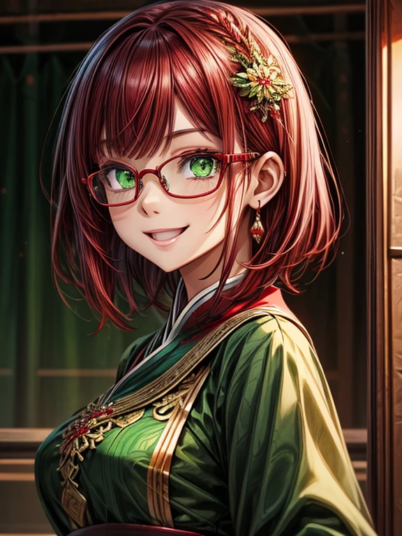 Short,  red hair ,  green eyes ,  metal-framed glasses , green , oriental dress with ornaments,  smiling girl.