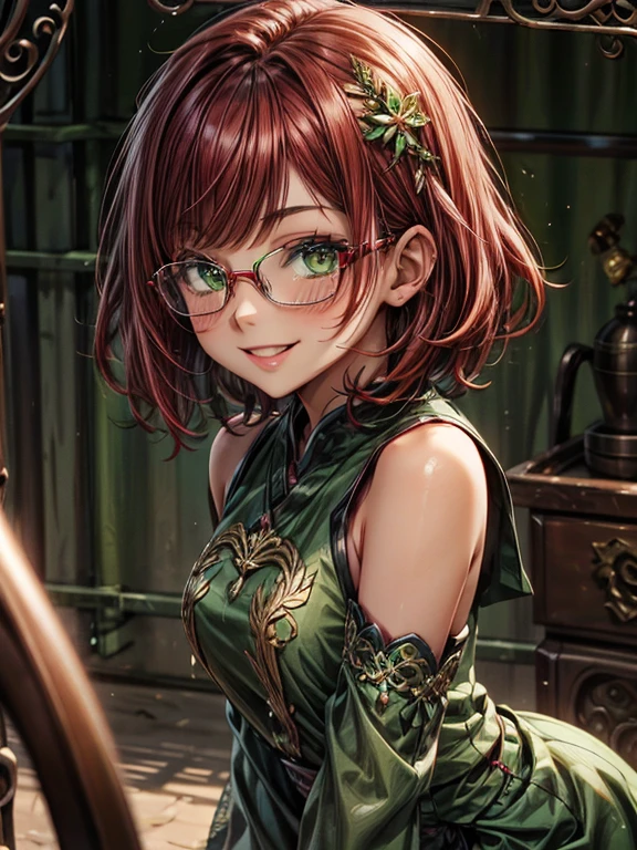 Short,  red hair ,  green eyes ,  metal-framed glasses , green , oriental dress with ornaments,  smiling girl.