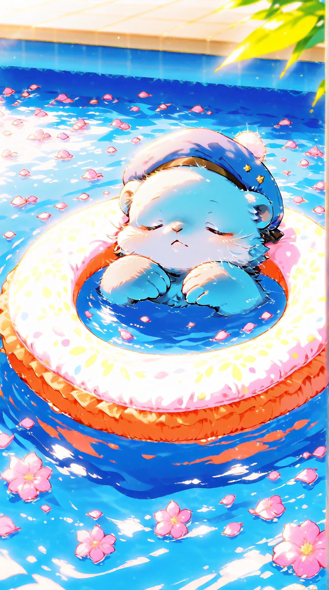 Score_9, Score_8_up, Score_7_up, Score_6_up, Score_5_up, Score_4_up, no human, solo, sea otter \(blue fur, adorable, sleeping on swimming ring, blue beret hat, swimming ring\), pool, flower petals, sunlight, vivid, colorful, warm,