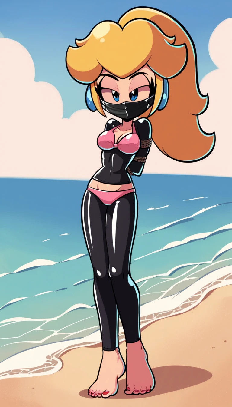 source_cartoon, 1girl, solo, beach, sand, ocean, sky, cloud, blue sky,, flat color, no sclera, black eyes prngs, princess peach, blond hair, blue eyes, wearing pink bikini, barefoot, on back, smug, standing, stand up, from front, complete body view, full body view, front view, (arms behind the back:1.3), (chest and arms tied with armbinder) tight rubber mask, black tight mask, wrapped face mask.