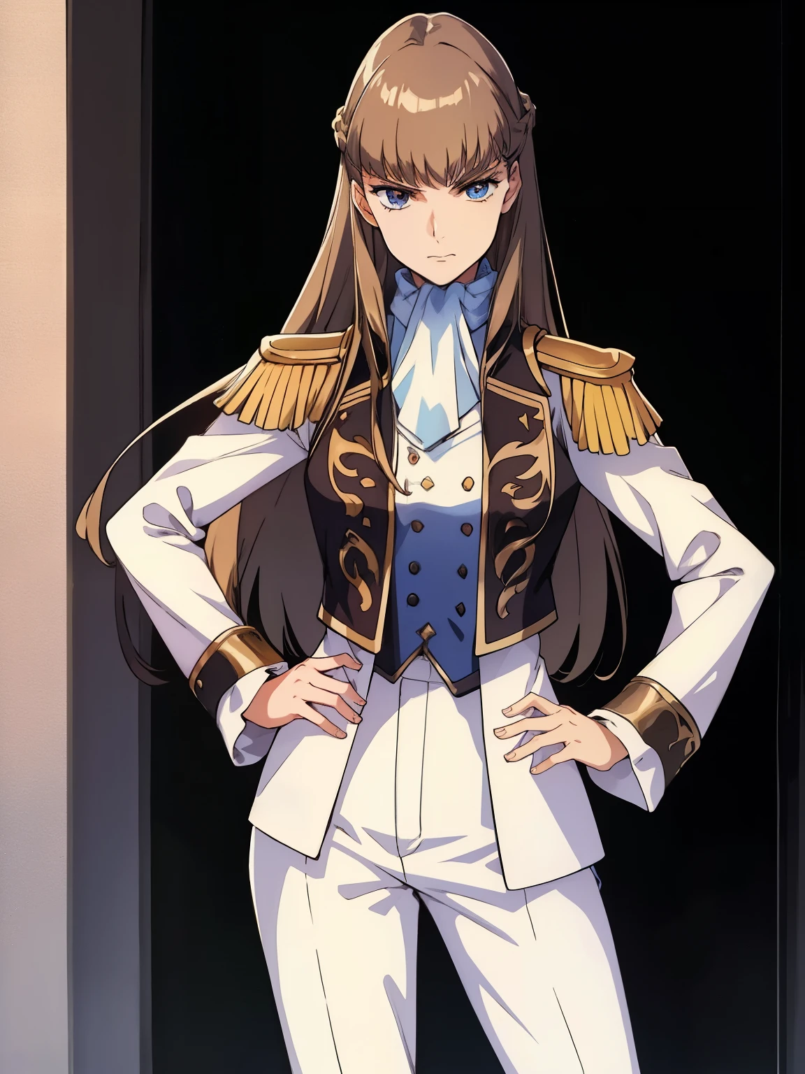 1girl,glaring ,Disgust,angry ,standing ,open stance,hands on hip,BREAK,RelenaPeacecraft, large_breasts, hair on her eyes , long brown hair , throw, hair stuck to my eyes, dazzling,dark eyes,RelenaMilitaryUniform,BREAK ,in the throne room,looking at viewers,cowboy shot,BREAK,masterpiece ,8k unity wallpaper,anime key visual,highest quality, High resolution,  (shape:0.8),anime coloring,highly detailed face, detailed eyes,growing eyes,shiny skin,fine skin,white skin,dense skin,detailed hair,highly detailed legs,perfect lighting, Detailed CG, (perfect hands, perfect anatomy),High resolution,(Detailed wear ),slender limbs, delicate curves, dainty hands,figure:0.8,