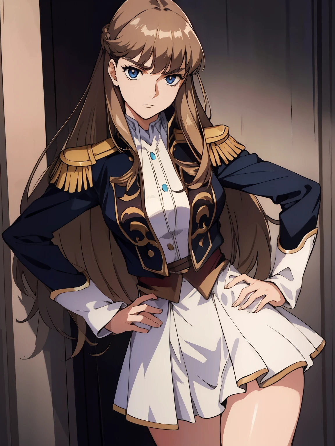 1girl,glaring ,Disgust,angry ,standing ,open stance,hands on hip,BREAK,RelenaPeacecraft, large_breasts, hair on her eyes , long brown hair , throw, hair stuck to my eyes, dazzling,dark eyes,RelenaMilitaryUniform,BREAK ,in the throne room,looking at viewers,cowboy shot,BREAK,masterpiece ,8k unity wallpaper,anime key visual,highest quality, High resolution,  (shape:0.8),anime coloring,highly detailed face, detailed eyes,growing eyes,shiny skin,fine skin,white skin,dense skin,detailed hair,highly detailed legs,perfect lighting, Detailed CG, (perfect hands, perfect anatomy),High resolution,(Detailed wear ),slender limbs, delicate curves, dainty hands,figure:0.8,