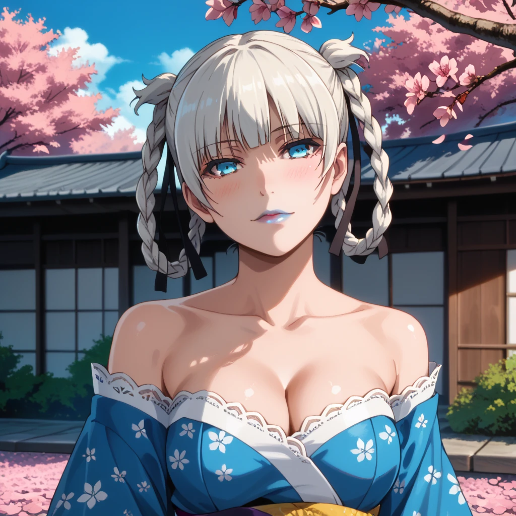 Score_9, score_8_up, score_7_up, score_6_up, source_anime, rating:general, 1girl, kirari momobami, white hair, braided hair, upper body, sultry look, head tilt, blush, pale white skin, strapless sexy kimono, blue floral kimono, lace trim, blue eyes, blue lipstick, colored contacts, doll face, medium sized breasts, cleavage, exposed shoulders, traditional Japanese garden, cherry blossoms, cherry blossom petals, solo, 8k quality, vivid colors, perfect lighting, perfect shadowing, god rays, perfect positioning 