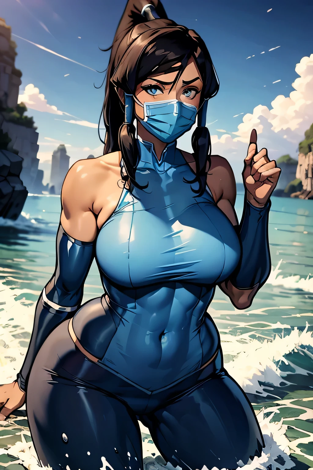 Korra, outfit clothes,Fabric mask, normal breasts And hip  Covered With Korra Outfit Complete Covered  from her element With water around her ,dark blue pants With water moving by his power 