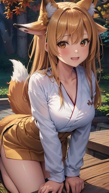 Two-shot photo of a girl and a fox,(Fantasia,Kitsune Yokai Four-Tailed Heavenly Fox,),(Girl and Fox Yokai: The Tale of the Four-Tailed Heavenly Fox),
(With a girl bent down deep in the forest and looking up,Fox Yokai Two-shot movie of a fox protecting a girl's back Poster of the four-tailed heavenly fox),
(natural soft light.)(Sunlight,),(Sunlight,),(Professional Lighting.),
(glossy light brown and orange two-tone color,,,,,,,,,,,,,Wave Shortcut Hair,disheveled hair,),japanese kimono,Geta,Cute round face red lipstick,A cute smile that makes the viewer happy,
autumn forest,Strong wind soaring over dead leaves
Digital Illustration,
(Photorealsitic:1.3),(Raw photo.),
(masutepiece,top-quality,Ultra-high resolution output image,)
(The 8k quality,),(Image Mode Ultra HD,),(Image Mode Ultra HD,),(Sea Art 2.1:1.3,),Japan Anime Fantasy,