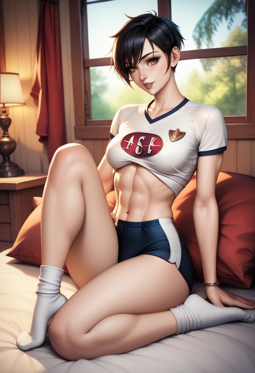 (masterpiece, best quality, cinematic angle, detailed, intricate) a beautiful, strong, fit, thin, stunning, slim, sporty, thin, athletic girl (short hair, small tits, chest a little flat, legs are longer than a body, fit and slim body), with  black hair, with fit and lean but feminine body, with super narrow waist, wasp-waist, with defined abs, nice thighs , long legs are longer than the body, pale skin, super small boobs, wearing a white oversize t-shirt and thight fitting extreemly short red sport shorts, white socks, laying on bed in hot pose, on a bed in bedroom in a rustic wooden house in the early morning, full body lenght, in hot pose.