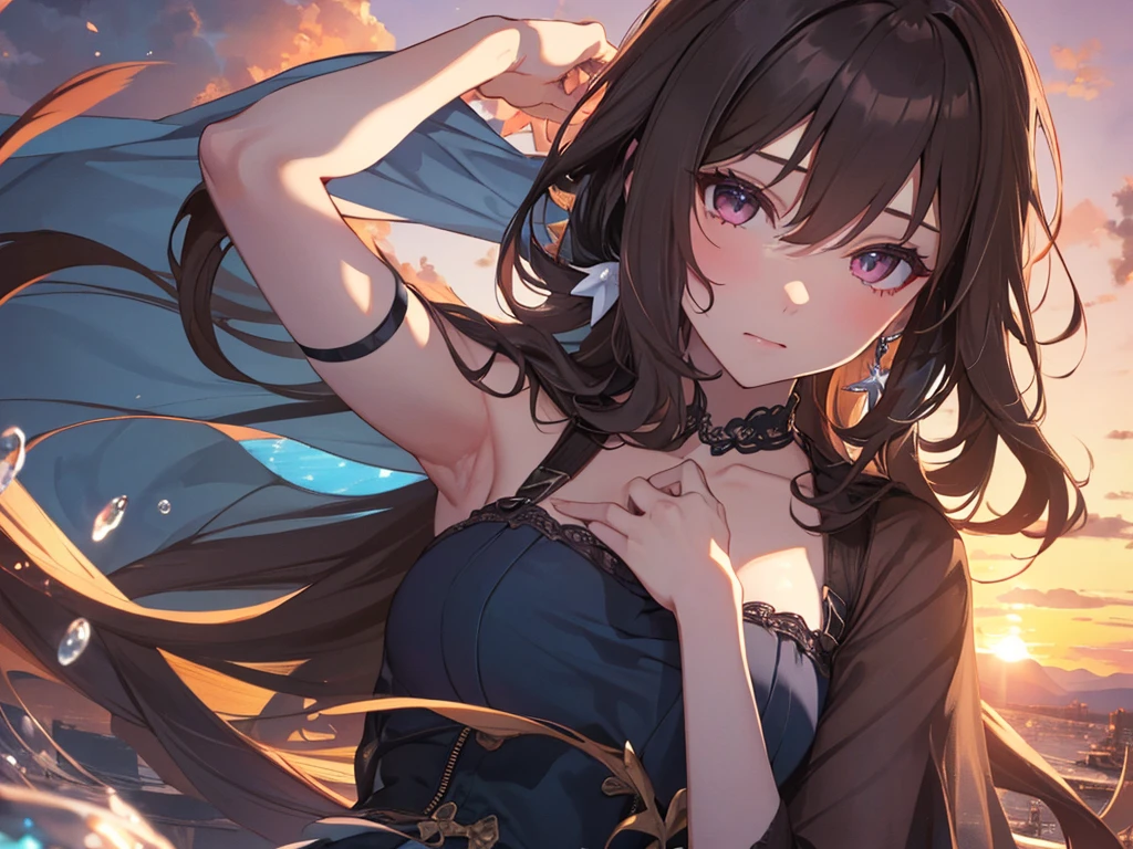 Solo, 1 Girl, (Human Ear), (Earring), (Long Hair), (Hair Accessory), (Woman Sitting with Hands on Chest), (暗い色のNightgown Dress Hiding Skin), (Sunset Sky, Sunset, Evening Sky), (傾いたアングル、Focus on Chest), (High Resolution, Masterpiece, Accurate, Anatomically Correct, Multiple Awards, Top Quality, Detailed, High Quality Model, High Quality, Quality, Retina, Highly Detailed, Textured Skin, Ultra High Resolution).