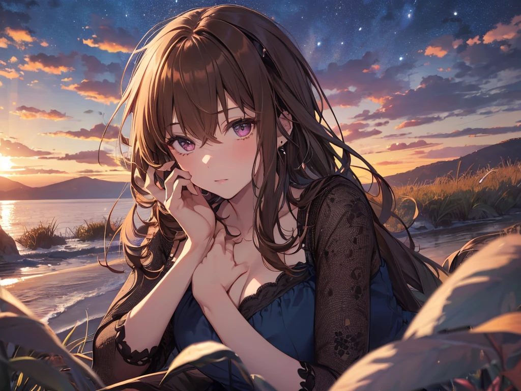 Solo, 1 Girl, (Human Ear), (Earring), (Long Hair), (Hair Accessory), (Woman Sitting with Hands on Chest), (暗い色のNightgown Dress Hiding Skin), (Sunset Sky, Sunset, Evening Sky), (傾いたアングル、Focus on Chest), (High Resolution, Masterpiece, Accurate, Anatomically Correct, Multiple Awards, Top Quality, Detailed, High Quality Model, High Quality, Quality, Retina, Highly Detailed, Textured Skin, Ultra High Resolution).