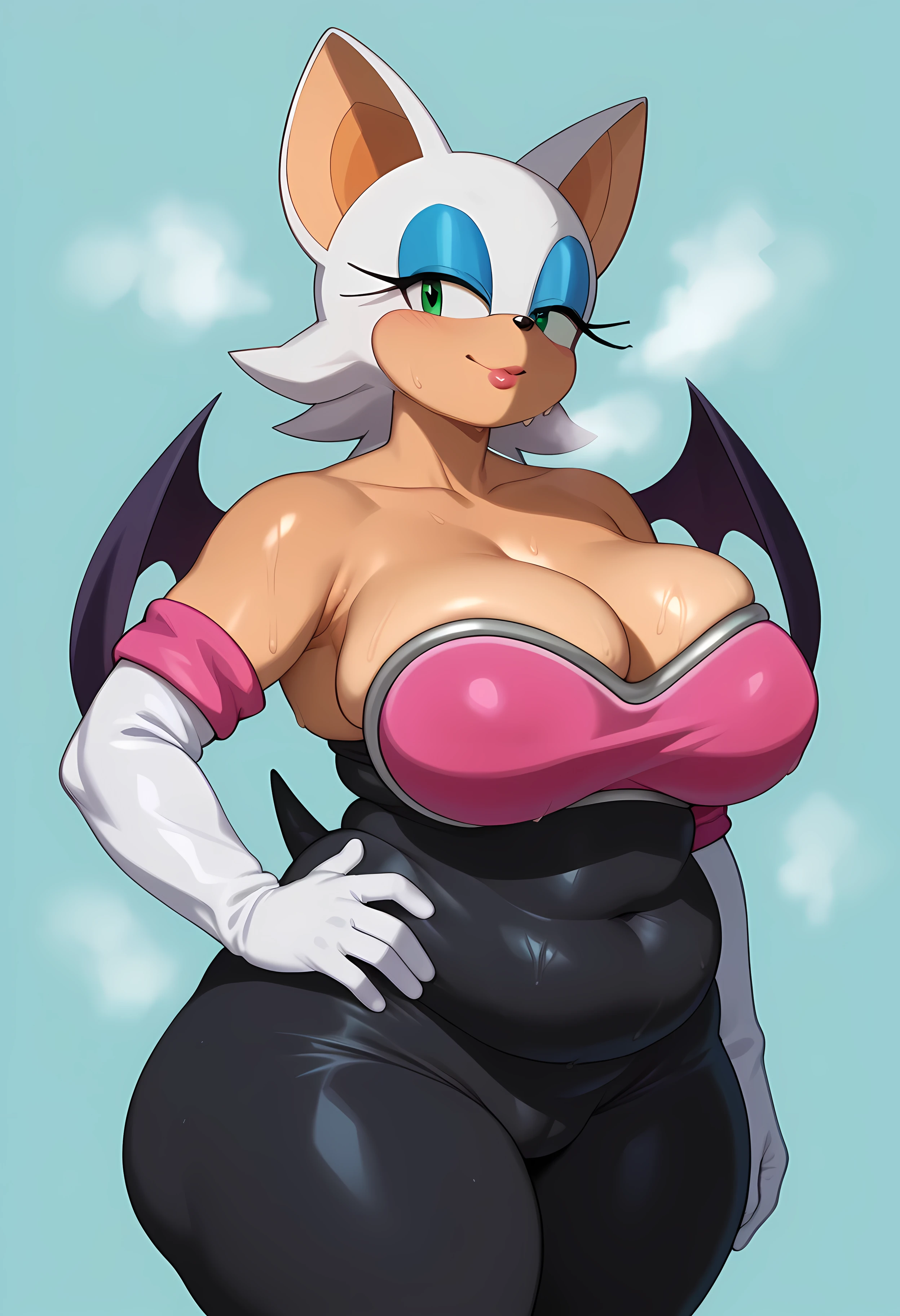 rouge the bat, sonic \(series\), 1girl, solo, hand on own hip, elbow gloves, (ssbbw), sweating, big hips, ((expanding)), steaming body, wobble lines, big_double_doughy_belly, she´s enjoying, (nightcity_background), (weight gain), (too much food around her), (perfect shaders), (bedroom)