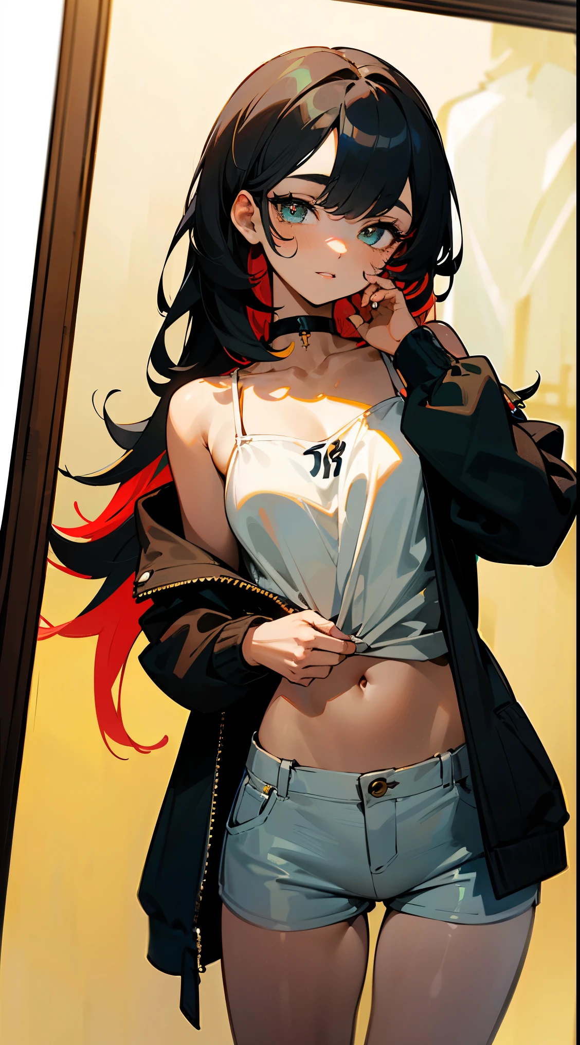 (geometric:1.1), ((1 anime girl, amazing, cute girl)), (Masterpiece, Best quality, Beautiful and aesthetic:1.2),((Ultra-high resolution, Golden ratio)), (Physically-based rendering), Sharp focus, (((high detail skin))), Intricately detailed clothing, Delicate pupils, Danfeng Eye,((((multicolor hair, cold detailed hair, long hair)))), Slender, geometric eyes :1.1, ((extremely_Detailed_eyes_and_face)), long eyelash, (masterpiece side lighting), (Dynamic configuration: 1.2), Perfect Anatomy, Eyeliner, nsfw, sharp eyes, choker, light smile, hair adornments, fit thighs, thigh gap, ((8k wallpaper of extremely detailed CG unit, masterpiece, hight resolution, top-quality)), ((Beautiful woman , Model-like posture, Street fashion, Wearing a white camisole:1.2, Wearing a jacket:1.2, Wearing micro mini shorts:1.2)), ((extra detailed face, Highly detailed eyes, extra detailed body, Top quality real texture skins)), (Short Bob Cut Hair, de pele branca:1.2, Exposed belly), (colorfully painted wall), hyper realisitic, digitial painting, puntaje_9, puntaje_8_arriba, puntaje_7_arriba, puntaje_6_arriba, Classification_explicit, 1 chica, ((18 years:1.2)), adulto, labios llenos, grandes ojos claros, ojos azul claro, ((pelo rubio:1)), (cabello ondulado largo: 1.2),Half-length shot of a black woman behind a cloudy mirror,(yellow printed s's bikini :1.4),manos perfectas: 1.5, dressed in african design suit,(piel negra:1.4), su imagen parcialmente borrosa, ojos azules y cabello rizado, surrounded by neon-lit green leaves and semi-curved flowers, atmospheric bright background, imagenes hermosas y de mal humor, verde, gray and silver color gradation.(solo), (background alley walls big stones:1.4)