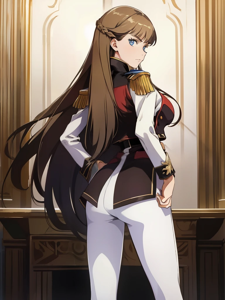 1girl,glaring ,Disgust,angry ,standing ,open stance,hands on hip,BREAK,RelenaPeacecraft, large_breasts, hair on her eyes , long brown hair , throw, hair stuck to my eyes, dazzling,dark eyes,RelenaMilitaryUniform,BREAK ,in the throne room,looking at viewers,cowboy shot,from behind,BREAK,masterpiece ,8k unity wallpaper,anime key visual,highest quality, High resolution,  (shape:0.8),anime coloring,highly detailed face, detailed eyes,growing eyes,shiny skin,fine skin,white skin,dense skin,detailed hair,highly detailed legs,perfect lighting, Detailed CG, (perfect hands, perfect anatomy),High resolution,(Detailed wear ),slender limbs, delicate curves, dainty hands,figure:0.8,