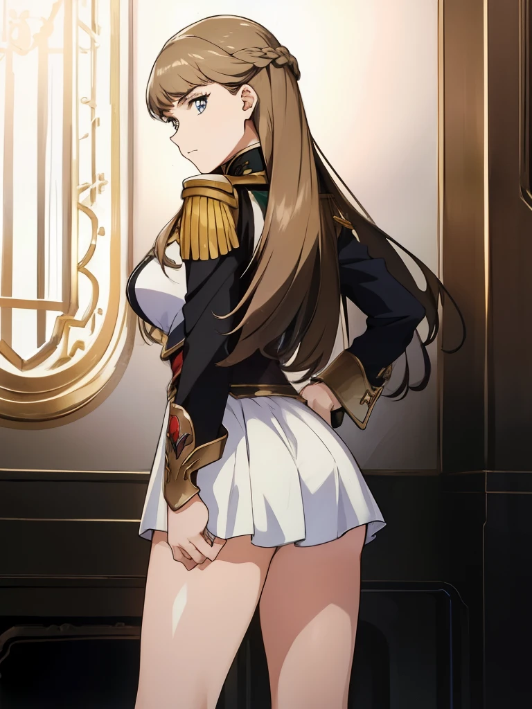 1girl,glaring ,Disgust,angry ,standing ,open stance,hands on hip,BREAK,RelenaPeacecraft, large_breasts, hair on her eyes , long brown hair , throw, hair stuck to my eyes, dazzling,dark eyes,RelenaMilitaryUniform,BREAK ,in the throne room,looking at viewers,cowboy shot,from behind,BREAK,masterpiece ,8k unity wallpaper,anime key visual,highest quality, High resolution,  (shape:0.8),anime coloring,highly detailed face, detailed eyes,growing eyes,shiny skin,fine skin,white skin,dense skin,detailed hair,highly detailed legs,perfect lighting, Detailed CG, (perfect hands, perfect anatomy),High resolution,(Detailed wear ),slender limbs, delicate curves, dainty hands,figure:0.8,