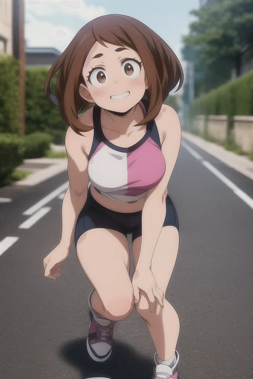 Ochaco Uraraka, walking down an alley, pleasant atmosphere, ultra-detailed, high-quality, 8k, detailed eyes, brown eyes, short hair, brown hair, pink t-shirt, exposed shoulders, exposed belly button, black shorts, tight-fitting shorts, long sports shorts, large bust, voluptuous buttocks, perfect anatomy, the best quality. Hands on knees, out of breath, exhuasted