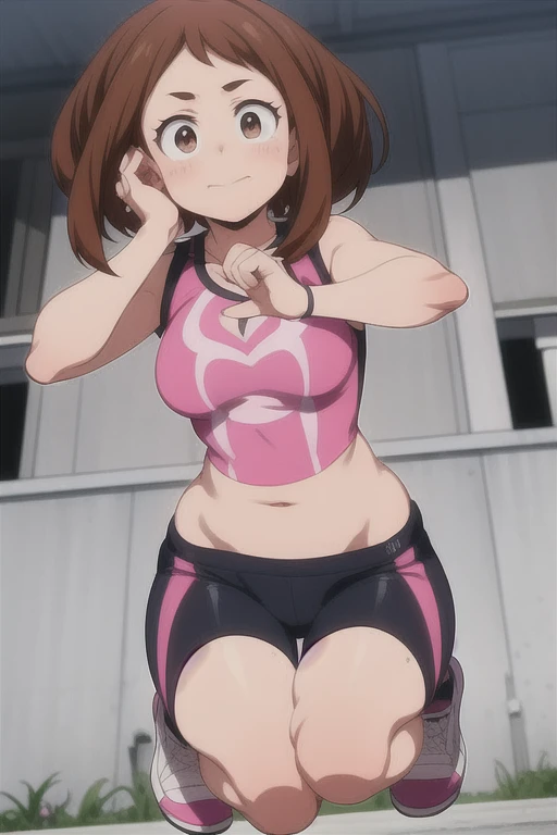 Ochaco Uraraka, walking down an alley, pleasant atmosphere, ultra-detailed, high-quality, 8k, detailed eyes, brown eyes, short hair, brown hair, pink t-shirt, exposed shoulders, exposed belly button, black shorts, tight-fitting shorts, long sports shorts, large bust, voluptuous buttocks, perfect anatomy, the best quality. Hands on knees, out of breath, exhuasted