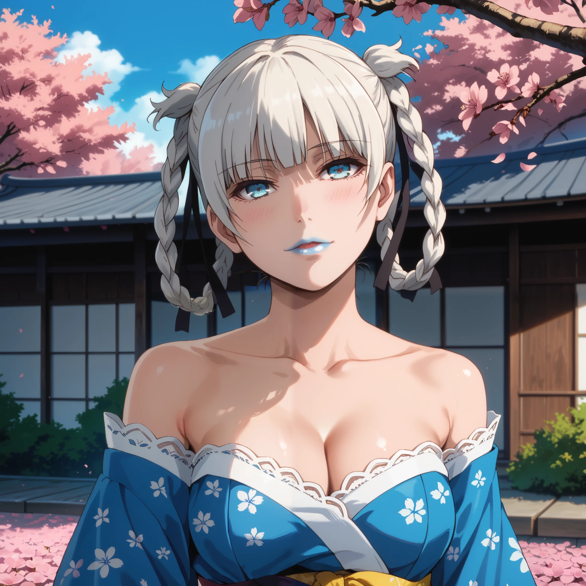 Score_9, score_8_up, score_7_up, score_6_up, source_anime, rating:general, 1girl, kirari momobami, white hair, braided hair, upper body, sultry look, head tilt, blush, pale white skin, strapless sexy kimono, blue floral kimono, lace trim, blue eyes, blue lipstick, colored contacts, doll face, medium sized breasts, cleavage, exposed shoulders, traditional Japanese garden, cherry blossoms, cherry blossom petals, solo, 8k quality, vivid colors, perfect lighting, perfect shadowing, god rays, perfect positioning 