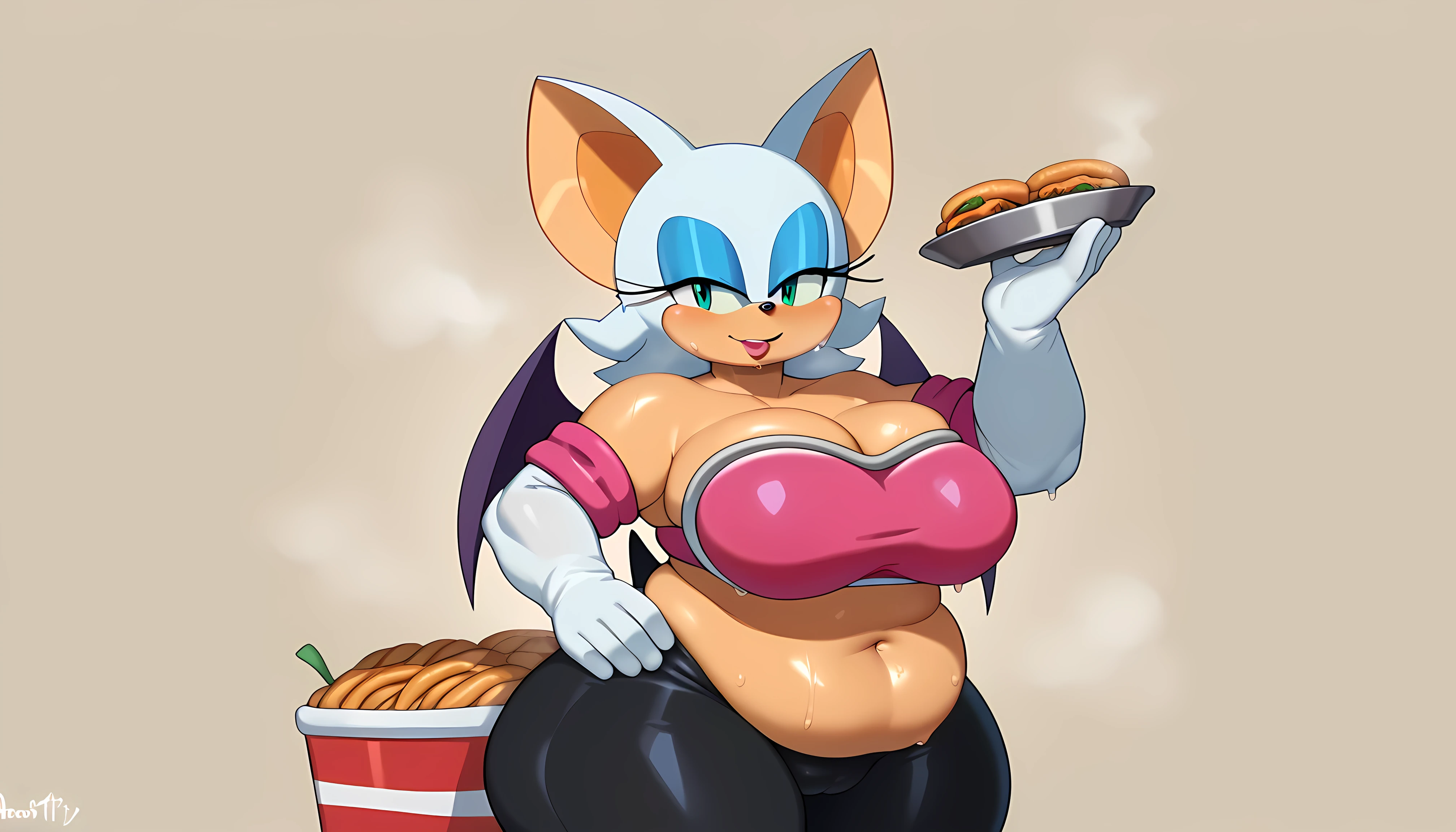 rouge the bat, sonic \(series\), 1girl, solo, hand on own hip, elbow gloves, (ssbbw), sweating, big hips, ((expanding)), steaming body, wobble lines, big_double_doughy_belly, she´s enjoying, (nightcity_background), (weight gain), (too much food around her), (perfect shaders), (bedroom)