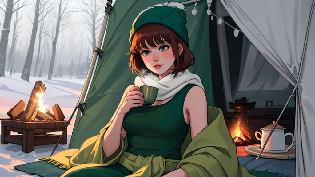 "A serene winter camping scene with A Young girl short auburn hair with big breasts wearing a lush green tank top sitting inside a tent, comfortably seated on a camping mat. She is enjoying a steaming cup of tea while looking out at a glowing campfire and the snow-covered forest beyond. Dressed in warm winter clothing, including a knitted hat and scarf, she appears relaxed and immersed in the tranquil atmosphere. The interior of the tent is cozy, with a small blanket and backpack visible, while soft light from the fire illuminates the space. The setting captures a peaceful connection with nature in the heart of winter."
